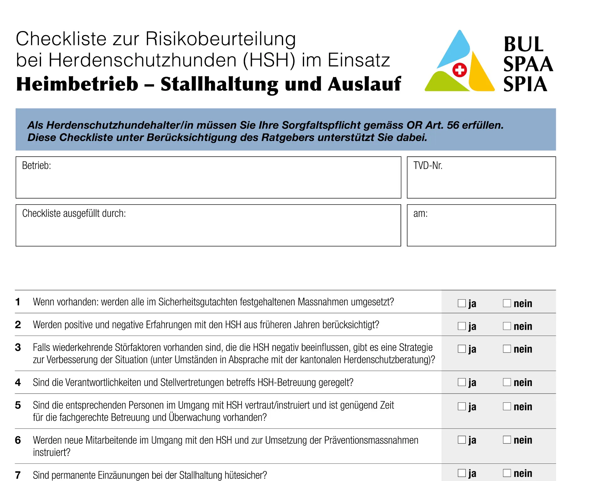 Lista di controllo per la valutazione dei rischi relativi ai cani da protezione del gregge (CPG) "Azienda annuale – Stabulazione e pascoli"