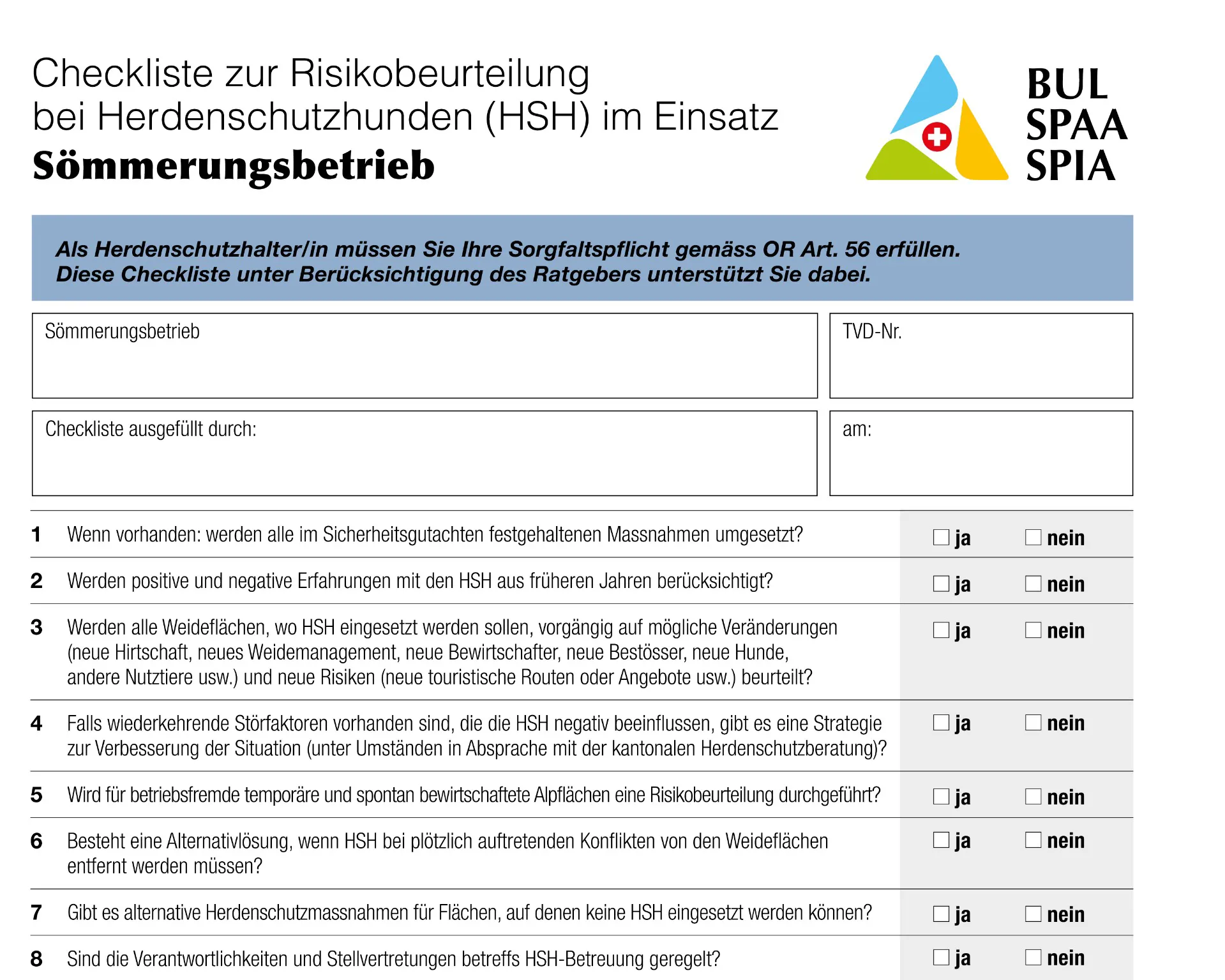 Lista di controllo per la valutazione dei rischi relativi ai cani da protezione del gregge (CPG) "Estivazione"
